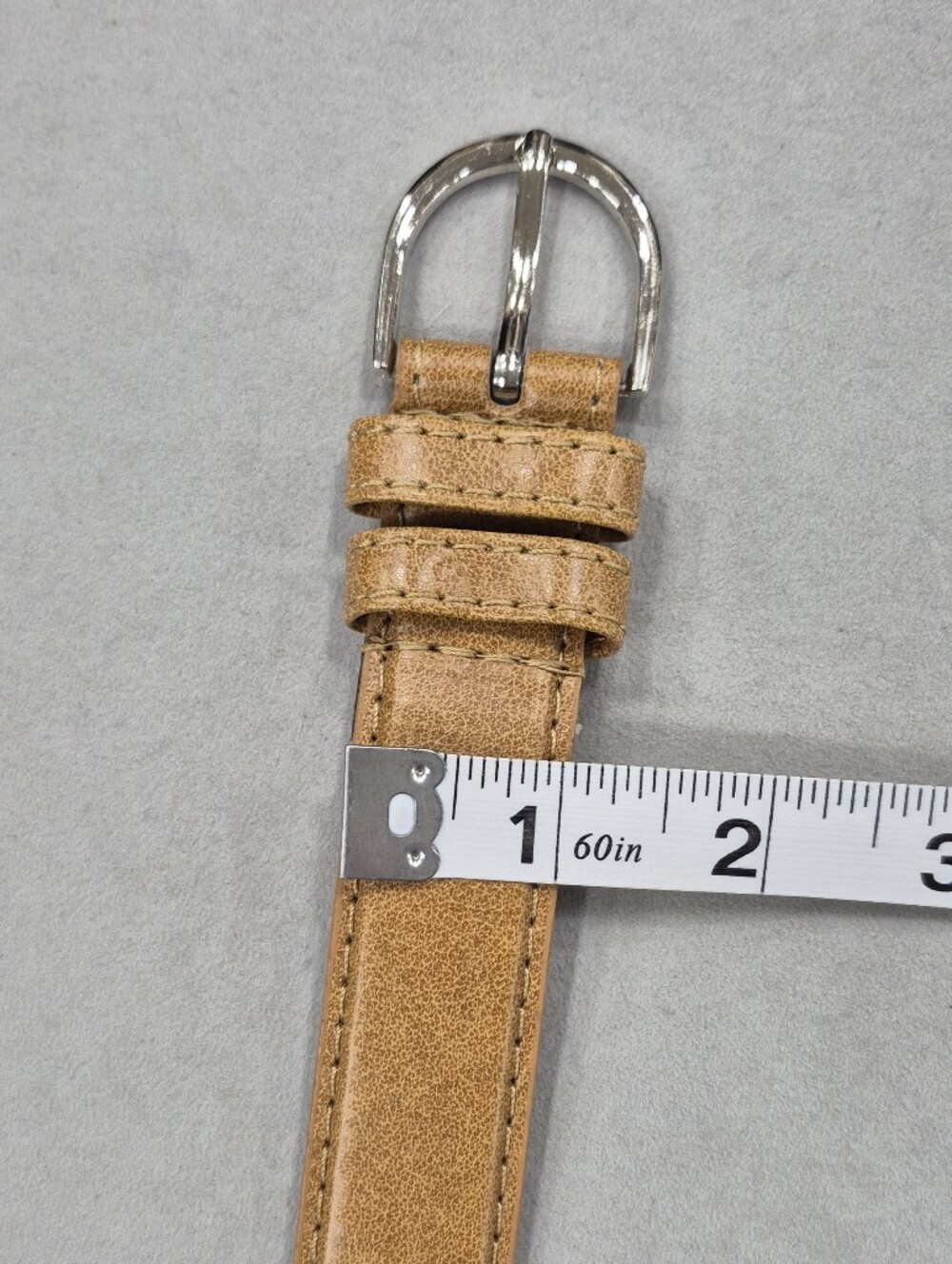 Leather belt women's medium light brown tan silver rounded buckle casual - Picture 11 of 11